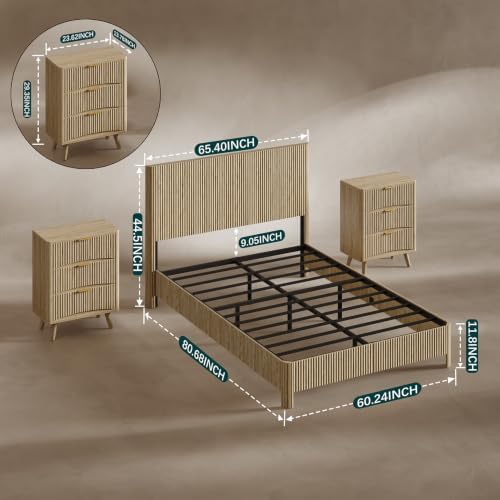Evermagin Queen Bedroom Set, Platform Bed Frame & 3-Drawer Nightstands, Oak