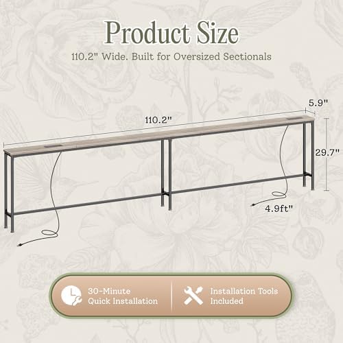 Huuger 110.2 Inch Behind Couch Table with 2 Power Outlets and USB-C Ports, Extra Long Narrow Sofa Table for Sectional Sofa, Skinny Console Table with Anti-Bump Pads, for Living Room, Oak