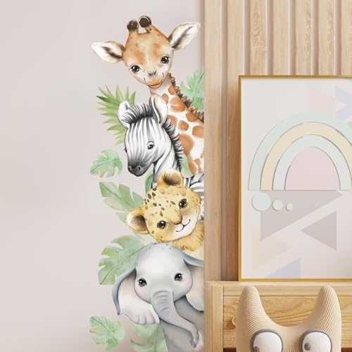 44.88x 15.75 Inch Watercolor Animal Wall Decals Jungle Animal Wall Stickers Tiger Elephant Giraffe Removable Peel and Stick Wall Decals for Nursery Playroom Bedroom Classroom Kindergarten Wall Decor