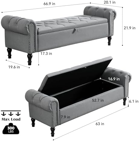 67 Inch Storage Bench for Bedroom, Linen End of Bed Bench, King Size Bench with Rolled Arms, Upholstered Tufted Button Storage Ottoman Benches, Living Room, Entryway, Oyster Grey