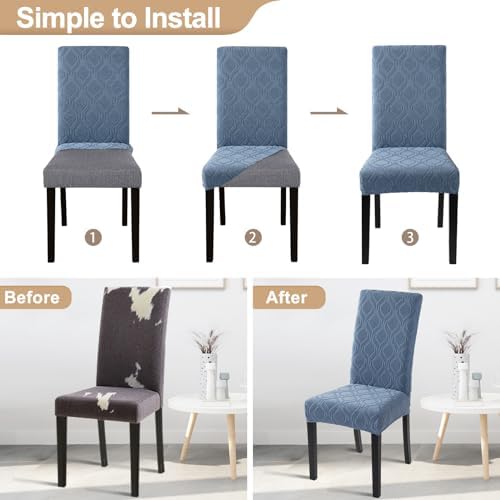 SearchI Dining Room Chair Covers Set of 6, Stretch Jacquard Parsons Chair Slipcovers Spandex Removable Washable Kitchen Chair Protector Cover for Dining Room, Hotel, Ceremony (Gray-Blue Geometric)