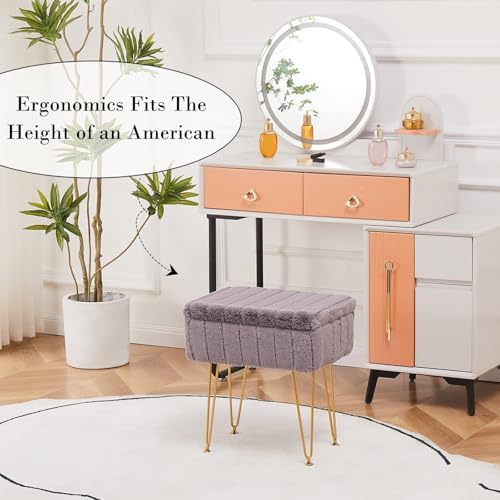 Wimarsbon Faux Mink Fur Storage Ottoman, Modern Soft Footstool, Storage Bench with Metal Legs, Vanity Seat, Fur Stool, Ottoman Coffee Table, Makeup Chair, Vanity Stools for Bedroom (Grey)
