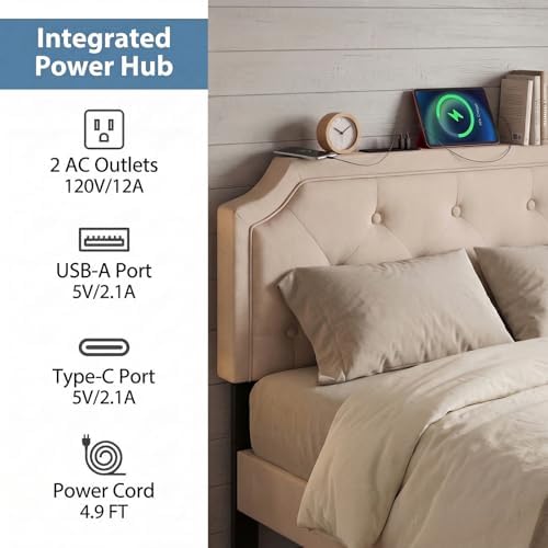KOMFOTT Upholstered Headboard with Charging Station for Full & Queen Size Bed Frame, Tufted Button Bed Headboard with Solid Rubber Wood Legs, Headboard with Adjustable Width, Beige