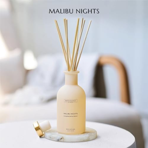 Benevolence LA Reed Diffuser - Champagne & Peony | Luxurious Home & Bathroom Decor | Long-Lasting Scent Diffusers for Home - Malibu Sands Collection