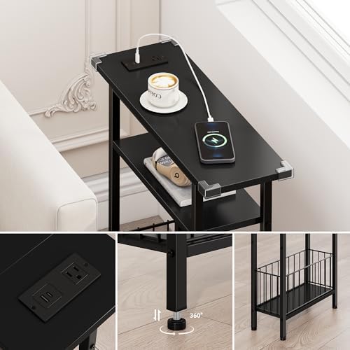 Vagusicc Narrow Side Table with Charging Station, 3-Tier Skinny Side End Table for Couch, Small End Tables for Small Spaces, 25.2" Tall Slim Nightstand Bedside Table for Living Room, Bedroom, Black