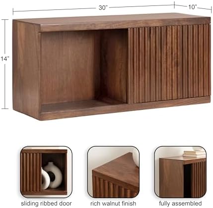 Kate and Laurel Furrow Modern Wooden Sliding Ribbed Door Wall Cabinet; 30 x 10 x 14; Black; Decorative Storage Cabinet with Sliding Door for Use as Floating Nightstand or Floating TV Shelf