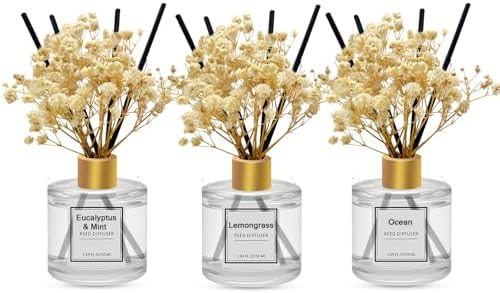 Reed Diffuser Set of 3 Pack,Scented Oil Diffuser with 4 Sticks,Reed Diffusers for Home,Living Room,Bathroom Air Freshener Diffuser,50ml x 3 (Ocean/Eucalyptus & Mint/Lemongrass)