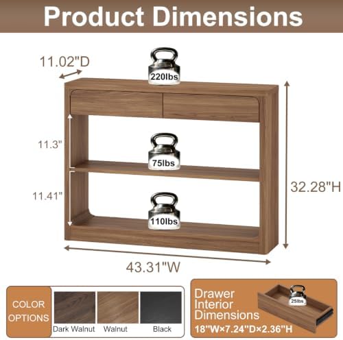 FATORRI Console Table with 2 Drawers, 43.3 Inch Farmhouse Narrow Entryway Table with Storage Shelves, Rustic Sofa Tables Behind the Couch for Hallway, Living Room, Foyer (Walnut)