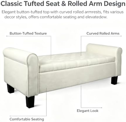 51 Inch White Linen Storage Ottoman Bench with Rolled Armrests