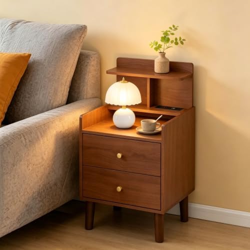 PARTPHONER Mid-Century Modern Small Nightstand with Charging Station, 15.4" Wide Narrow Side Bedside Table with 2 Drawers, Storage Shelf End Table for Bedroom, Living Room