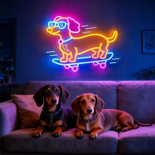 Dachshund Skateboarding Neon Sign for Wall Decor, Dimmable Dog Neon Light for Bedroom Living Room, Bar, Shop, Animal LED Sign for Birthday Party Dog Lover Gift