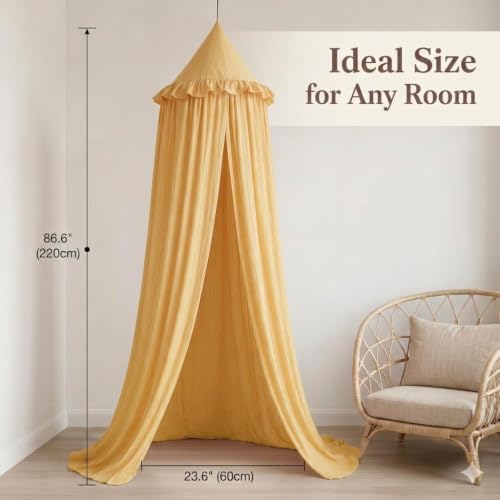 Bed Canopy for Girls, Princess Crib Canopy for Nursery, Dreamy Soft Hanging Canopy for Toddler Bed, Twin & Full Size, Kids Bed Canopy for Girls Room Decor & Reading Nook, Golden Yellow