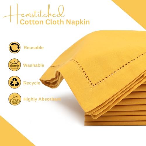 Lightnpro Hemstitched Cloth Dinner Napkins, 18x18 Inch, Mustard