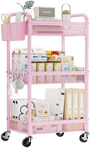 YASONIC 3 Tier Metal Rolling Cart, Pink Utility Storage Cart with Wheels