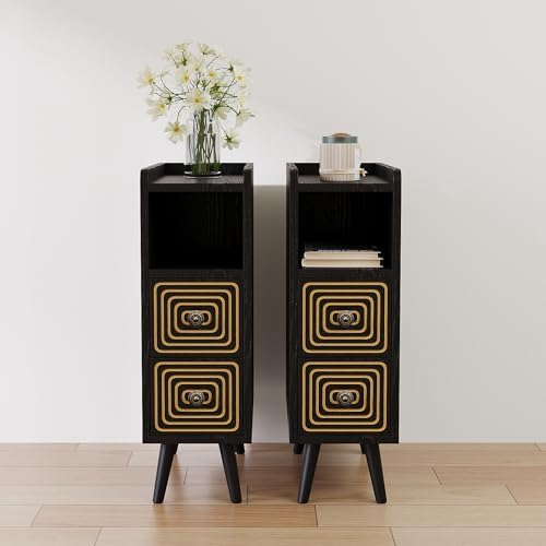 7.8" Narrow Nightstand Set of 2 with 2 Drawers & Open Storage,Black