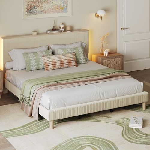 Bestier King Bed Frame with Storage Headboard & LED, Upholstered, Beige