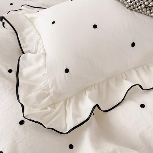 Polka Dot Duvet Cover King Bedding Set, Soft Comfy Microfiber 3 Pieces Princess Style Comforter Cover with 2 Pillowcases, Romantic Ruffle Duvet Cover with Zipper Closure Chic Polka Dot Bedding Set