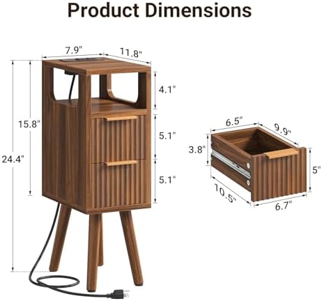 Narrow Nightstand Set of 2 with Charging Station, Small Side Table, Walnut