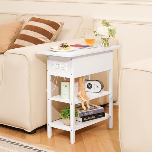 Yoobure End Table with Charging Station, Flip Top Side Table with USB Ports and Outlets, Sofa Couch Table Bedside Table for Living Room Bedroom, Narrow Nightstand with Storage Shelves for Small Spaces