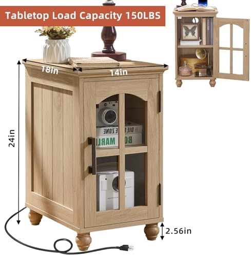 RWYHG Narrow Side Table, Farmhouse Nightstand with Charging Station