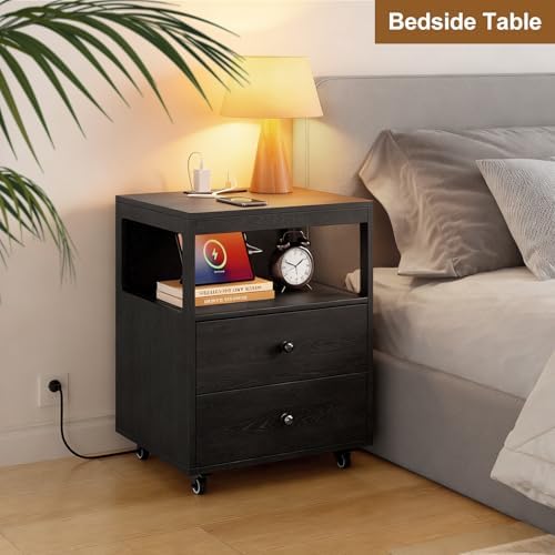 Bedroom Nightstand with Charging Station, Side Table with 2 Drawers,Sofa End Table Living Room with Wheels for Living Room Bedroom Office(Black)