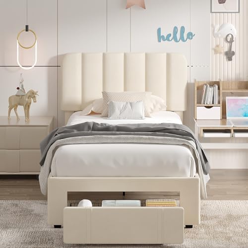 VECELO Twin Size Upholstered Bed Frame with Drawer and Headboard, Velvet Platform Storage Bedframe, Wooden Slats Support, No Box Spring Needed,Bone Beige