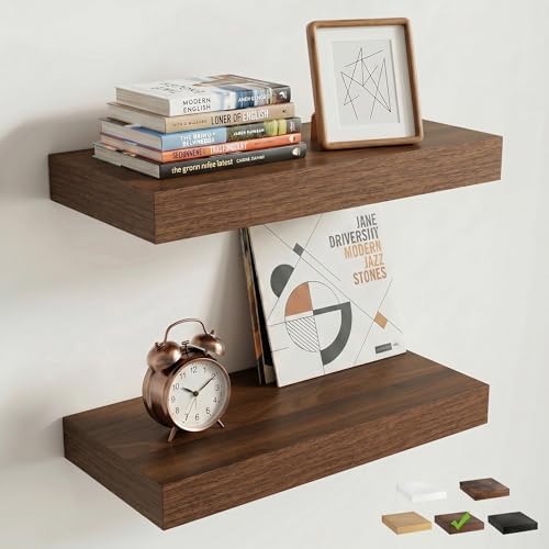 16 Inch Floating Shelves for Wall, 8"D Wood Storage Shelves, Walnut Finish