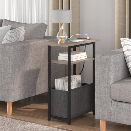 sthmec Narrow Side Table with Charging Station Set of 2, Small End Table for Small Spaces, Skinny Nightstands Set 2 with Storage Basket, 3 Tier Sofa Bedside Tables for Living Room,Bedroom, Grey