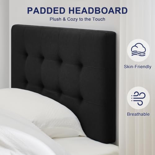 Linen Stitched Tufted Twin Headboard, Adjustable Height 37.2-46 in, Black