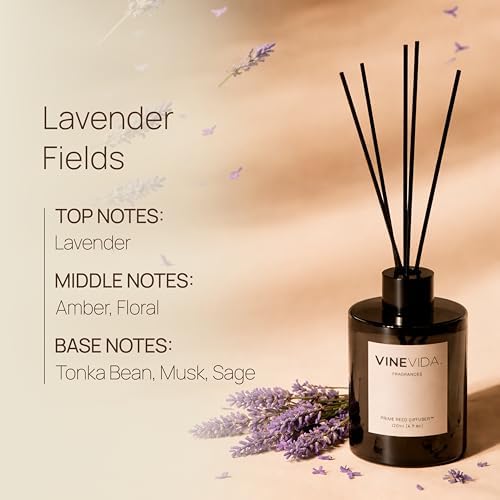 VINEVIDA | Lavender Fields | Reed Diffuser for Home & Bathroom | Long-Lasting Scent Sticks Set | Oil Stick Diffuser | Bathroom Scent