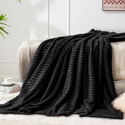 BEDELITE Ribbed Jacquard Black Fleece Throw Blanket for Couch, 50x60 Inch