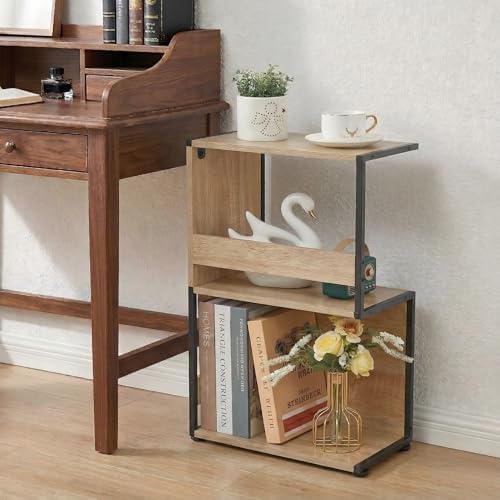 Bookshelf, Small End Table, S Shape Bookcase W/ 2-Layer Storage Shelves, Sofa Side Table for Small Spaces, Nightstand for Bedroom, Living Room, Stable Frame, Oak