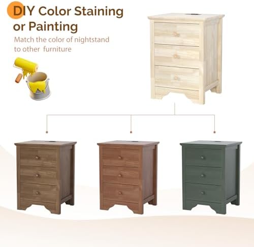 VINGLI Unfinished Rubber Wood Nightstands Set of 2 for Color DIY, 18.54" W Nightstand with Charging Station, 3 Drawer Nightstand, Real Wood Night Stands/Bed Side Table/End Table for Bedroom