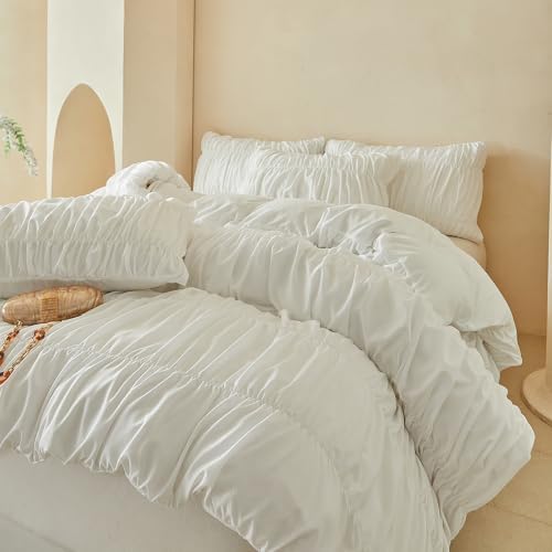 AOJIM White Ruched Full Duvet Cover 3Pcs French Chic Bedding for Bedroom