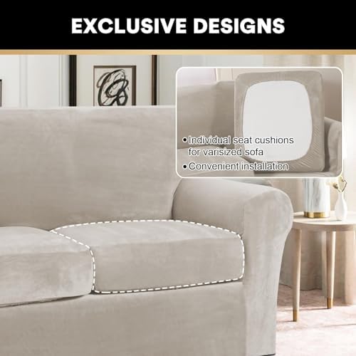 PrinceDeco Velvet Couch Covers for Sofa Soft 4 Pieces Couch Covers for 3 Cushion Couch Sofa Pet Friendly Furniture Protector with Non Slip Elastic Bottom Width Up to 97 Inch (Large Sofas, Oatmeal)