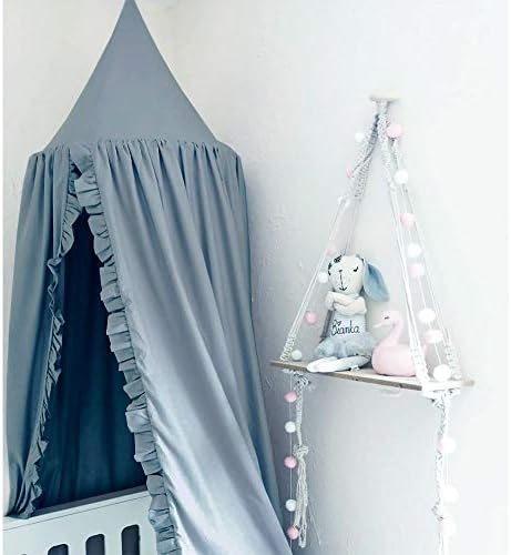 Bed Canopy with Frills Reading Nook Game Tent for Kids Boho Hanging Net Play Room Decor(Blue)