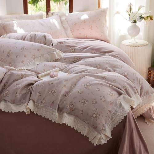 LifeTB Vintage Flower Duvet Cover Set King, Muslin Cotton Romantic Lace Ruffled Bedding Set, Floral Cottagecore Bedding Duvet Cover, Linen Like Gauze Breathable Comforter Cover with Zipper Ties