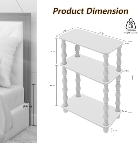 Narrow Side Table, Farmhouse Side Tables, 3-Tier Small End Table for Living Room, Couch Side Table for Skinny Spaces, Bedside Table Nightstand for Bedroom(White)