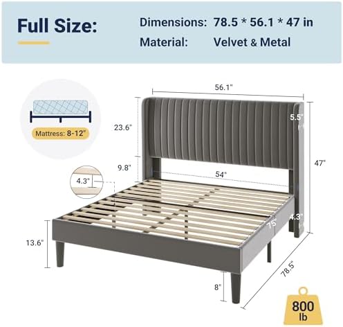Allewie Full Size Velvet Bed Frame/Vertical Channel Tufted Wingback Headboard/Upholstered Platform Bed/Strong Wooden Slats/No Box Spring Needed/Easy Assembly/Grey