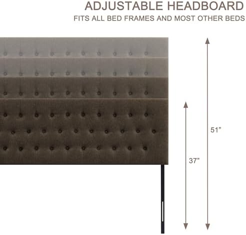 Tufted Upholstered Headboard Queen Size, Adjustable Height 37- 51 in, Brown