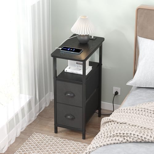 sthmec Narrow End Table with Charging Station, Narrow Side Table with 2 Fabric Drawers, Slim Nightstand, Skinny Bedside Table, Small Side Table for Small Spaces, Living Room, Bedroom, Black