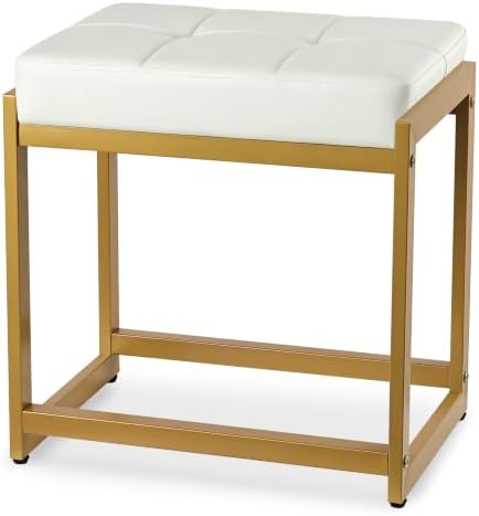 Vanity Stool, Vanity Chair Stools with Reinforced Metal Legs, Faux Leather Upholstered Ottoman Bench for Bedroom, Living Room, Small Modern Makeup Chairs for Dressing Table, White&Gold