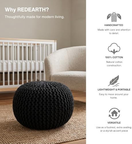 · REDEARTH · Round Pouf Ottoman - Hand Knitted Boho Poof Footrest- Black