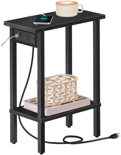 HOOBRO Small End Table with Charging Station, Narrow Side Table with USB Port and Outlets, Skinny Sofa Table, Slim Nightstand, Living Room, Bedroom, Black BK240UBZ01