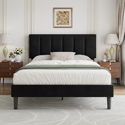 VECELO Queen Size Bed Frame with Upholstered Headboard, Velvet & Black