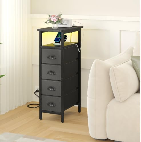 sthmec Side Table with Charging Station, Narrow End Table with 4 Drawers, LED Nightstands with Fabric Drawers,Slim Sofa Couch Side Tables for Small Spaces,Living Room,Bedroom, Black