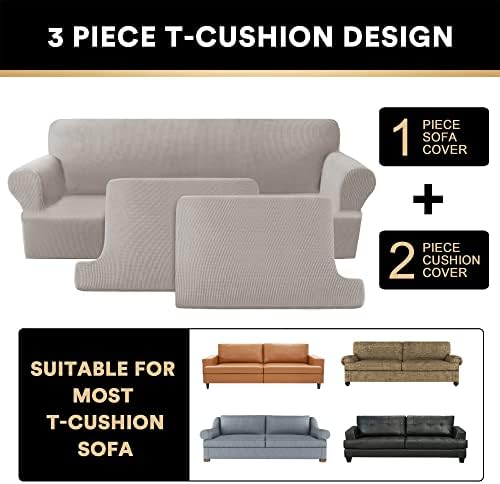 PrinceDeco T Cushion Sofa Slipcover 3 Pieces Sofa Covers for T Cushion Couch Soft Couch Covers Sofa Slip Cover Furniture Covers with 2 Individual T Shape Seat Covers Width Up to 88", Taupe