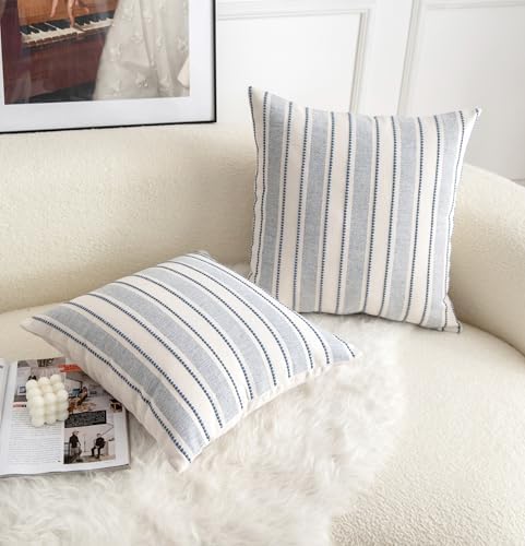 Cethom Decorative Boho Throw Pillow Covers, Farmhouse Textured Pillow Case, 20 x 20 Inch Set of 2, Chair Sofa Bedroom Living Room Home Decor Couch Cushion Case, Classic Blue and Beige Striped
