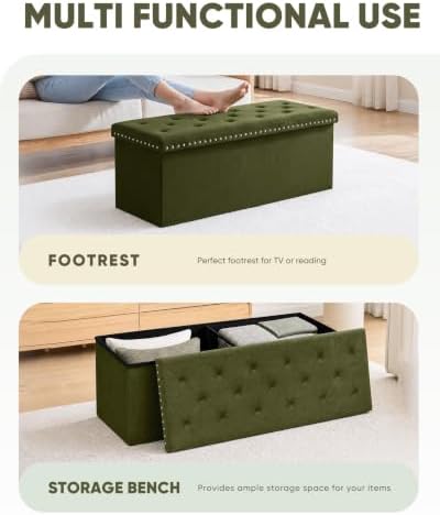 B FSOBEIIALEO Storage Ottoman Bench, 43" Velvet Ottoman With Storage, Olive