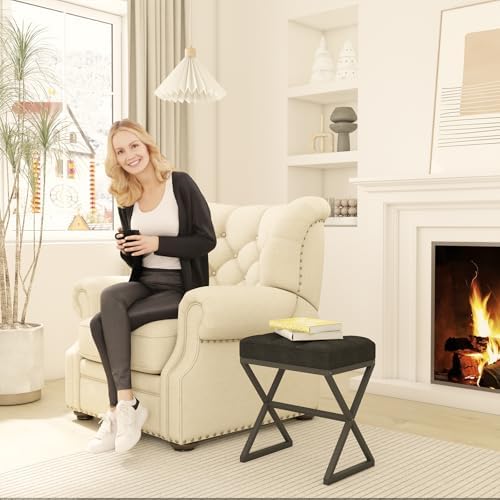 YMYNY Vanity Stool, Linen Footrest Stool, Ottoman Bench with X-Shaped Metal Legs, Makeup Dressing Stool for Vanity, Living Room, Bedroom, Entryway, Hallways 15.74" D×11.81" W×18.11" H Black UHBD033B
